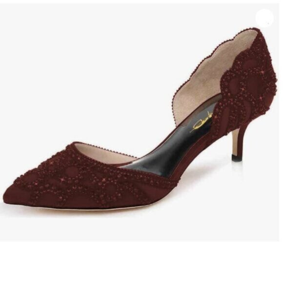 XYD Women's Pumps, Elegant Pointed Toe, Kitten Low Heels, Rhinestone Studs Red - Picture 1 of 8